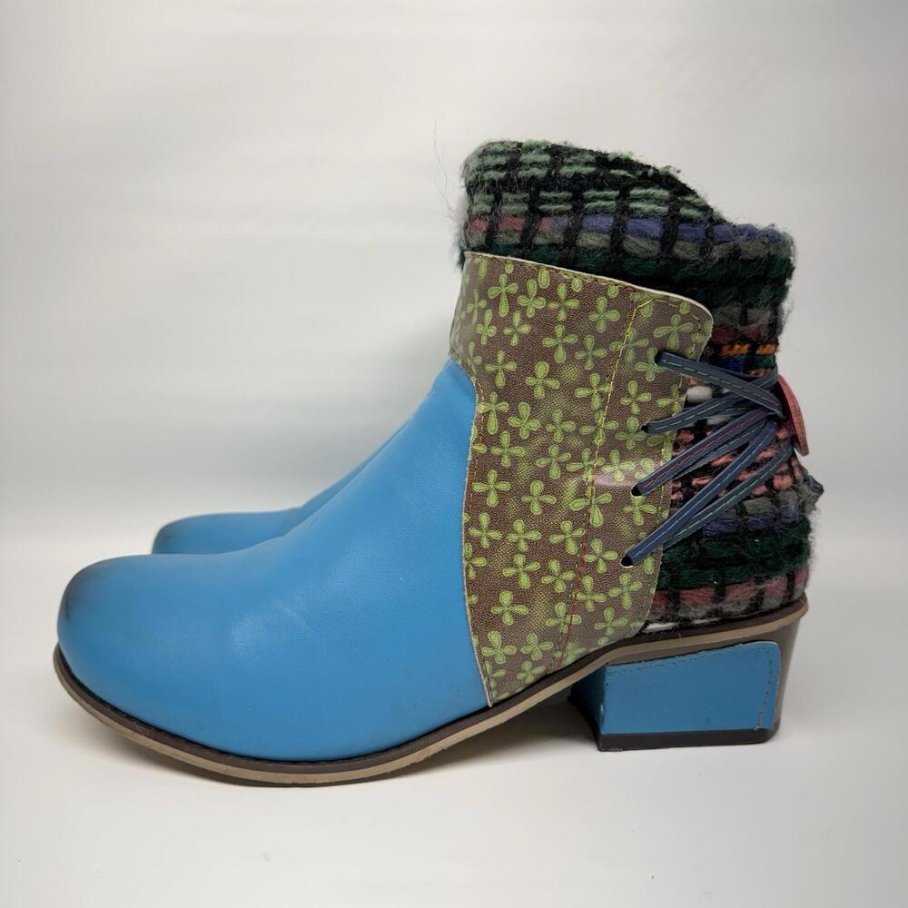 Boho Artisan Patchwork Ankle Boots Blue Leather Wool Trim EU 39 Handmade Sz9